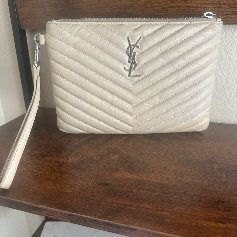 Yves Saint Laurent Cream Quilted Leather Wristlet